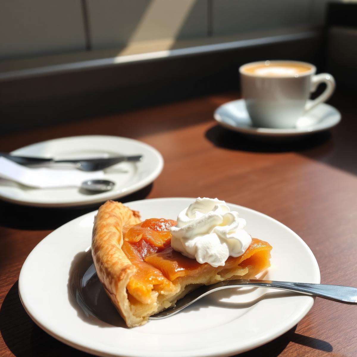 Warme appeltaart met slagroom naast een kop koffie