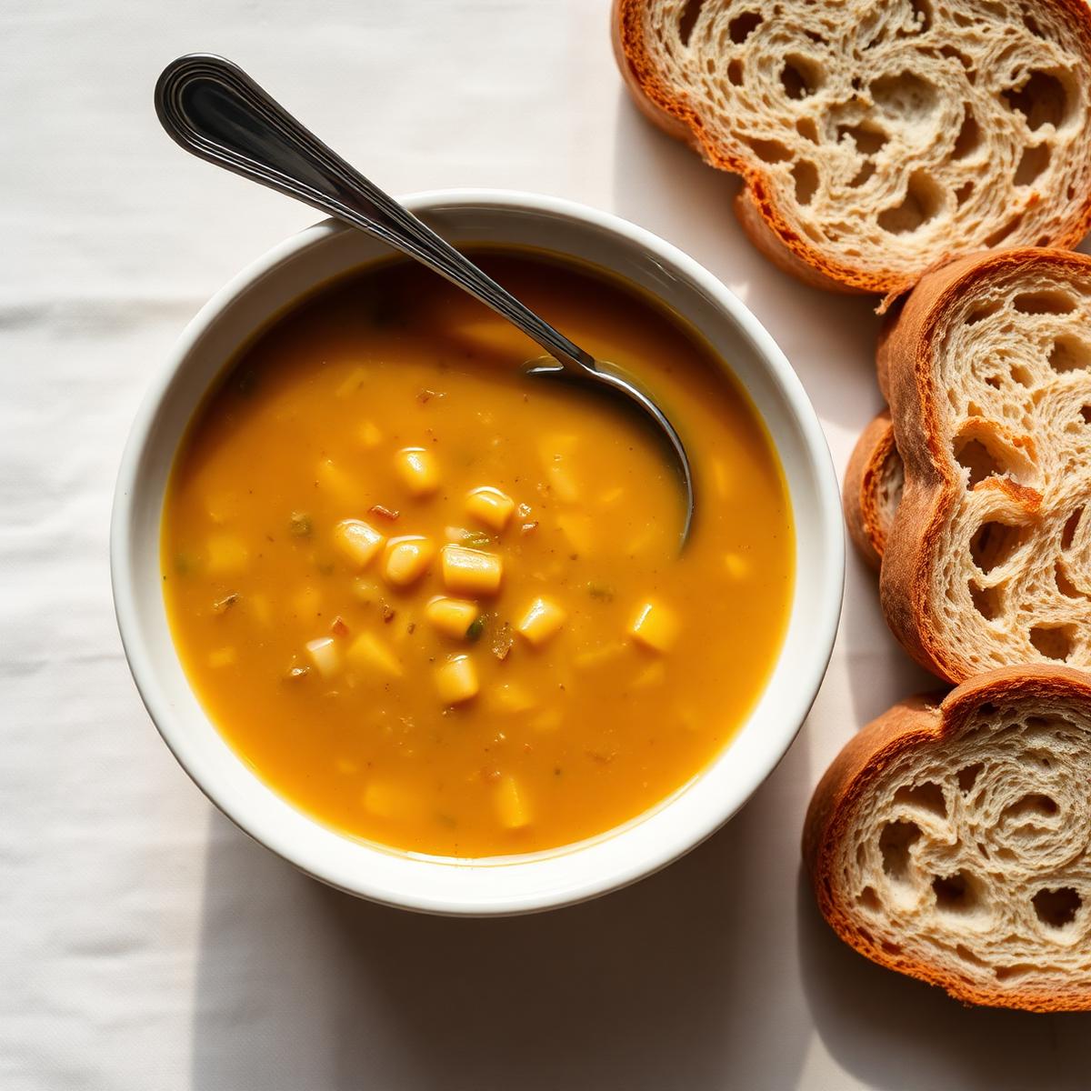 Kom pompoensoep met stukjes roggebrood