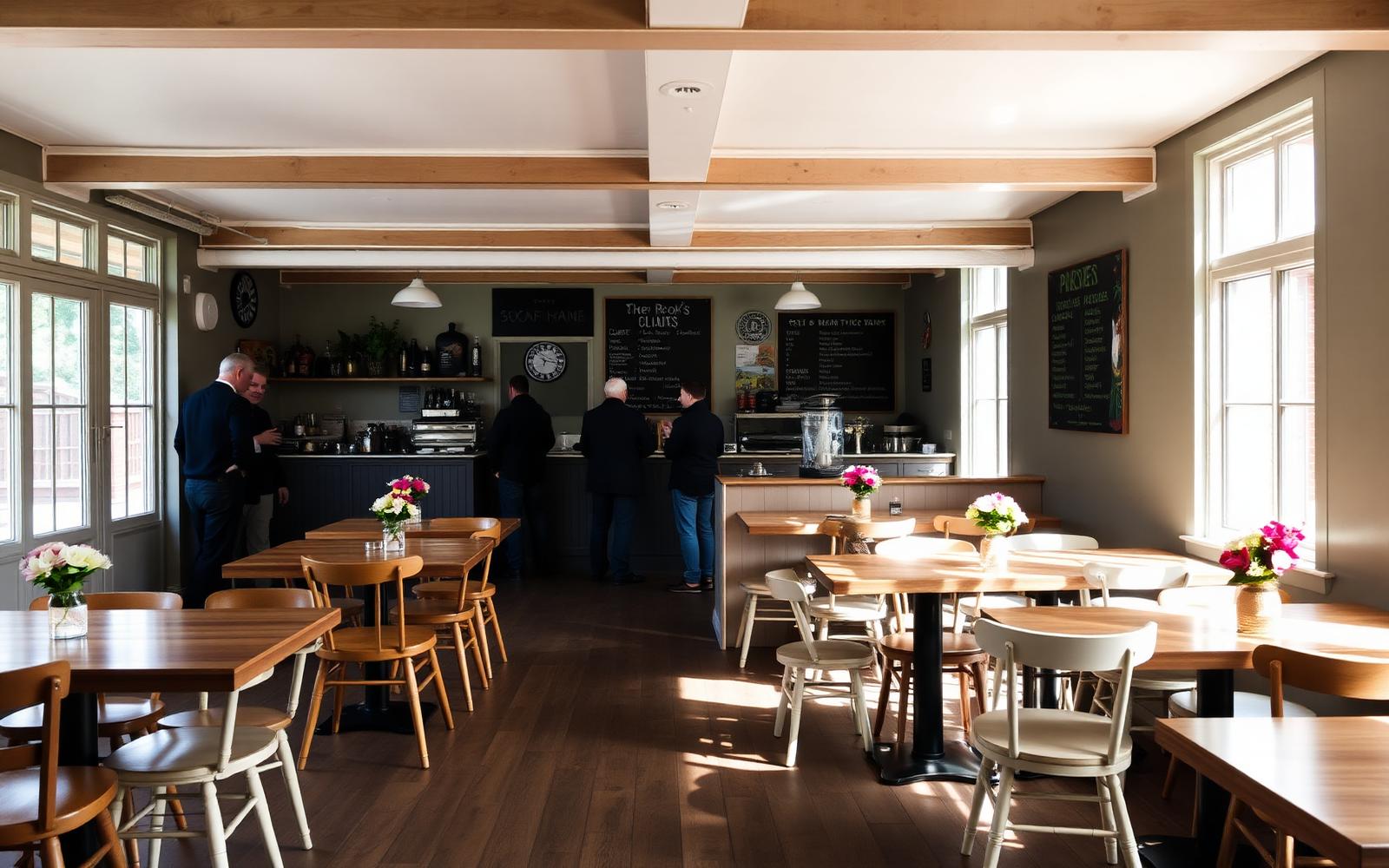 Interieur van de lunchroom met houten tafels en veel daglicht