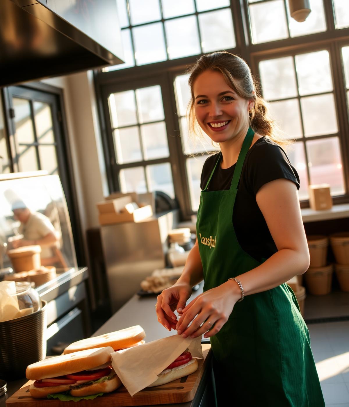 Marije, fictieve oprichter, in groen schort achter de toonbank