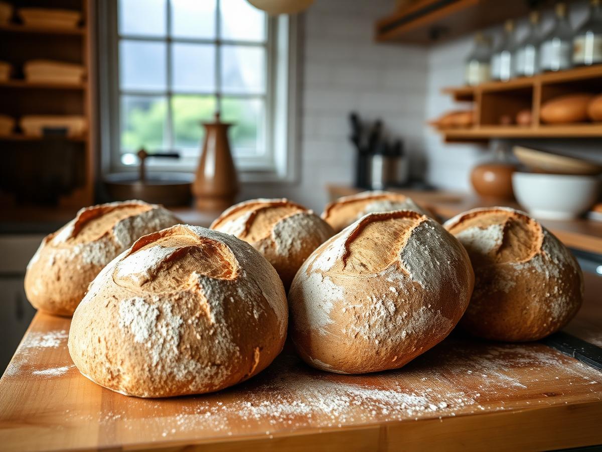 Vers gebakken zuurdesembroden op een houten werkbank