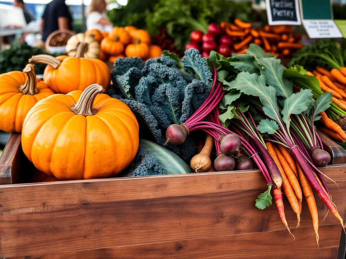 Krat met pompoen, boerenkool, bieten en wortelen op een marktkraam